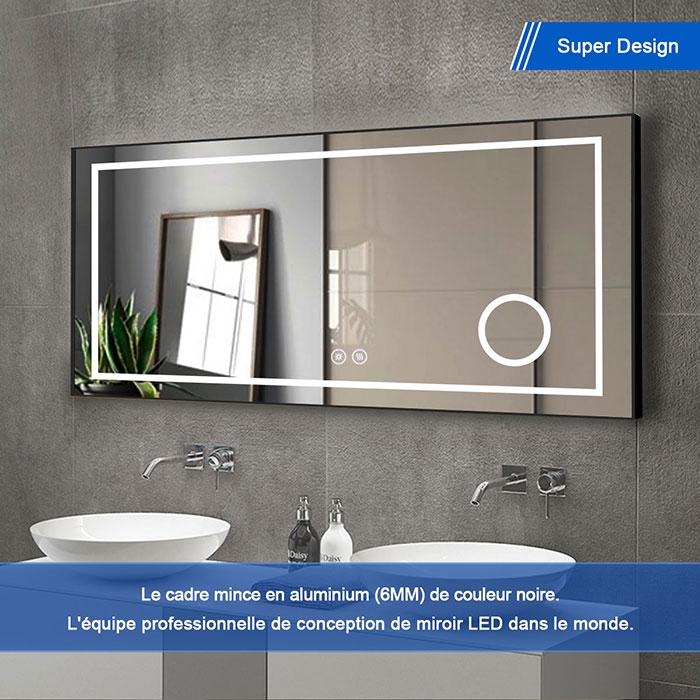 DECORAPORT 60 x 28 Po Miroir de Salle de Bain LED/Miroir Chambre avec  Bouton Tactile, Loupe, Anti-Buée, Luminosité Réglable, Montage Horizontal  (D621-6028C)