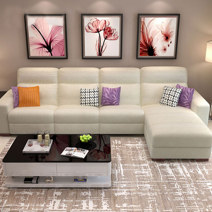 White Manual Recliner Sectional Sofa in Cotton / Linen with Right ...